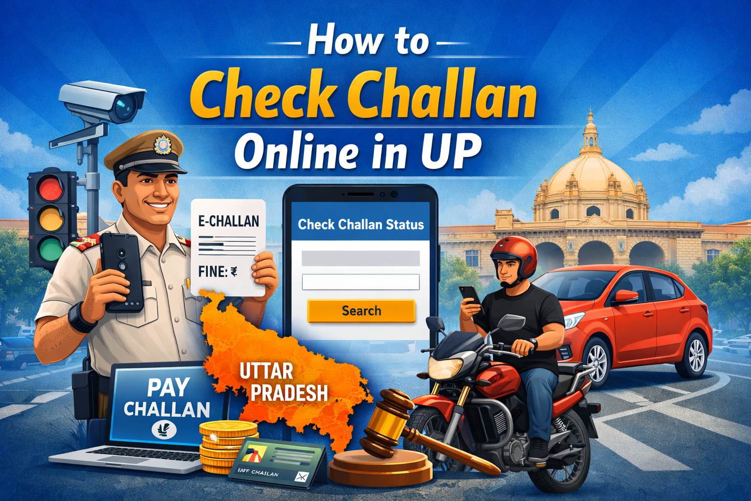 "How to check traffic challan online in Uttar Pradesh India using e-challan portal on smartphone and laptop with UP traffic police system"