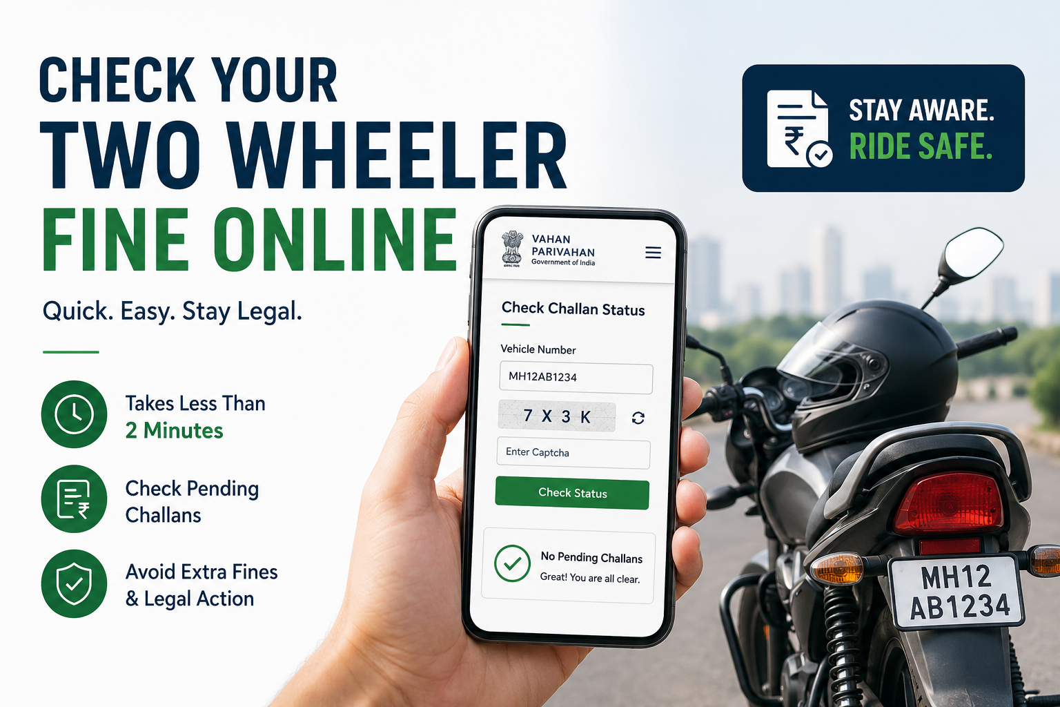 Person checking two wheeler fine online on smartphone beside motorcycle in India